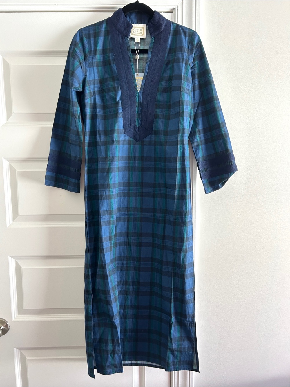 Sail to Sable blue and Green Plaid Long Sleeve Caftan Tunic Dress NWT
